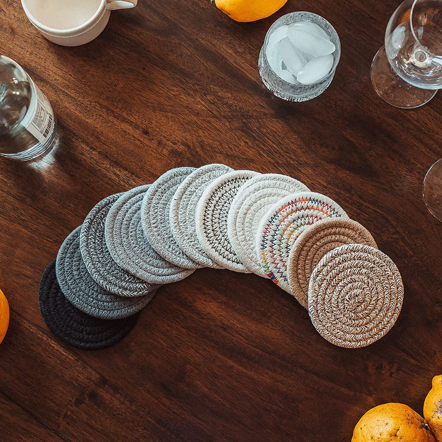 Set of 6 Black Coasters 4.3", Farmhouse Woven Coasters for Coffee Table, Absorbent Coasters for Drinks, Cute Aesthetic Boho Coasters, Rustic Desk Coasters, Moisture Absorbing Coasters