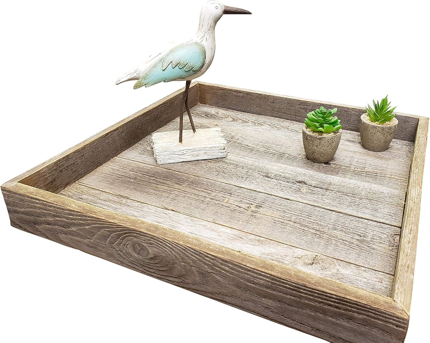 Farmhouse Rustic Weathered Reclaimed Wood 18 X 18 Inch Square Ottoman Tray for Coffee Table or Kitchen Counter Decor