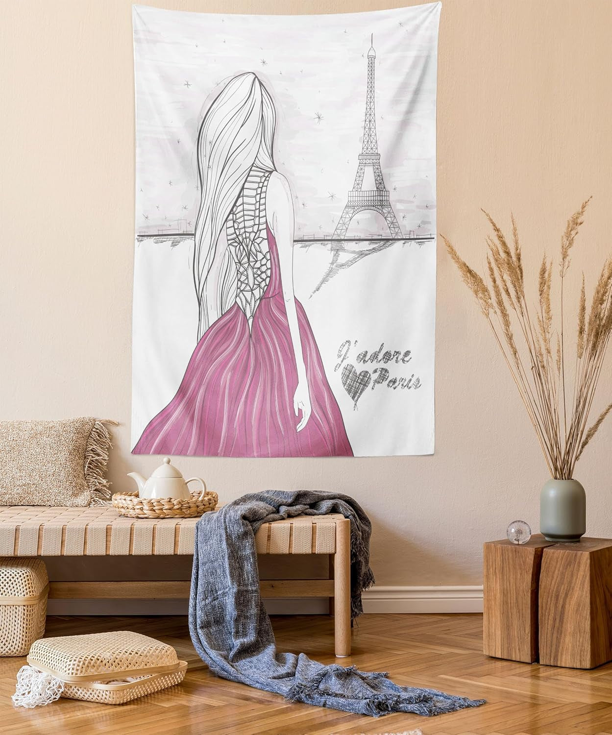 Paris Tapestry, Romantic Dramatical Woman Looks at Eiffel Tower Love Theme Sketch Style Illustration, Wall Hanging for Bedroom Living Room Dorm, 60" X 80", White Pink