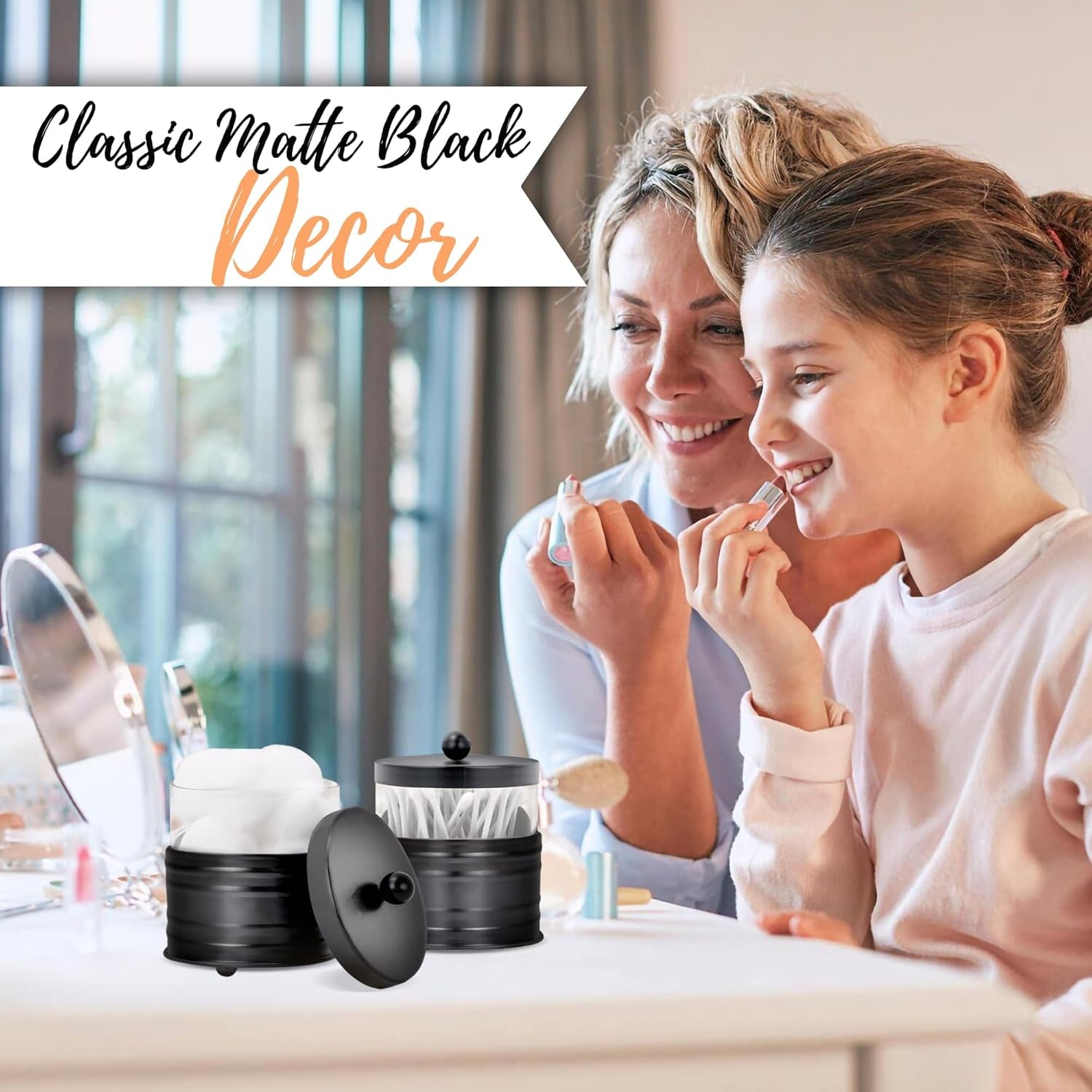 Deluxe Black Apothecary Jars Set, Black Bathroom Jars Qtip Holder Glass - Rustic Farmhouse Vanity Organizer for Bathroom Counter, Cotton Balls, Swabs, 2 Small Glass Jars with Lids