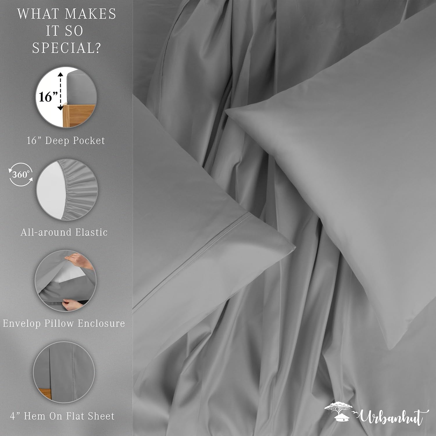 800 Thread Count Egyptian Cotton Sheets King Size, Long Staple Soft & Breathable, 4 Pc Bed Sheet for King Size Bedding, Sateen Weave Luxury Hotel Bed Sheets Fits 16" Deep Pocket - Dark Grey