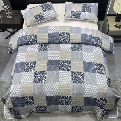 Oversized King Size Quilt Set 128X120 Grey Plaid Patchwork Extra Wide Super K...