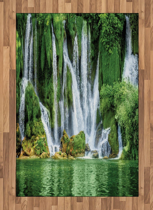 Waterfall Area Rug, Moss Greenery Reflection on River Landmark in Bosnia and Herzegovina Picture, Flat Woven Accent Rug for Living Room Bedroom Dining Room, 4' X 5' 7", Green White