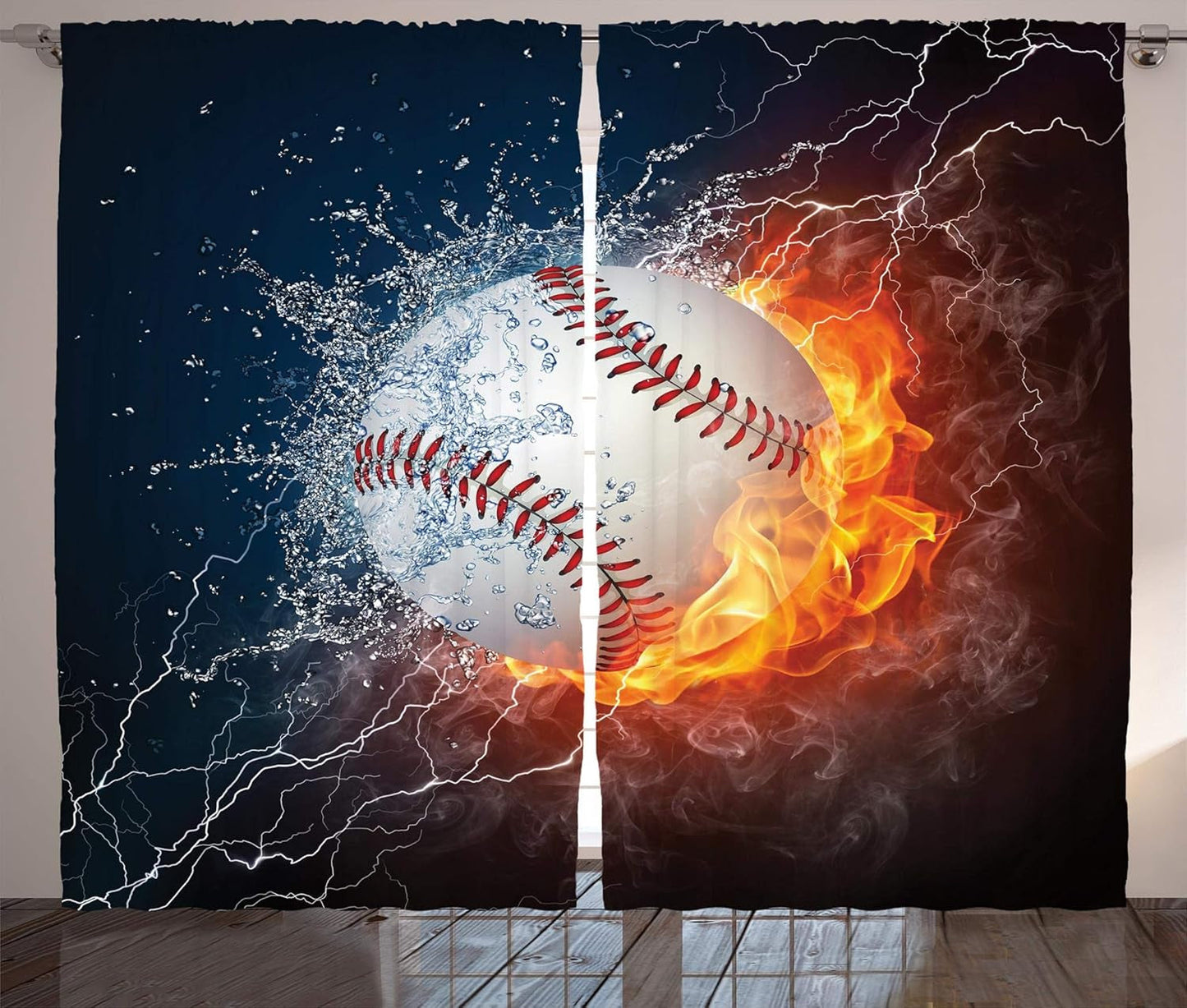 Sports Curtains, Baseball Ball and Water Splashing Thunder Creative Art Themed Print, Living Room Bedroom Window Drapes 2 Panel Set, 108" X 63", Dark Blue and Burgundy