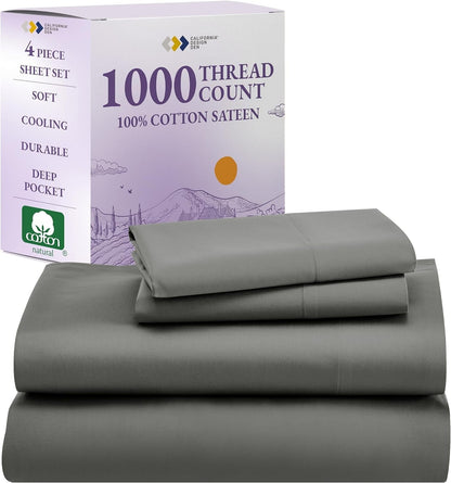 1000 Thread Count King Size Sheet Set, Winner Architectural Digest Best Sheet, Luxury 100% Cotton Sateen Bed Sheets, Softer than Egyptian Cotton (Grey)