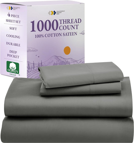 1000 Thread Count King Size Sheet Set, Winner Architectural Digest Best Sheet, Luxury 100% Cotton Sateen Bed Sheets, Softer than Egyptian Cotton (Grey)