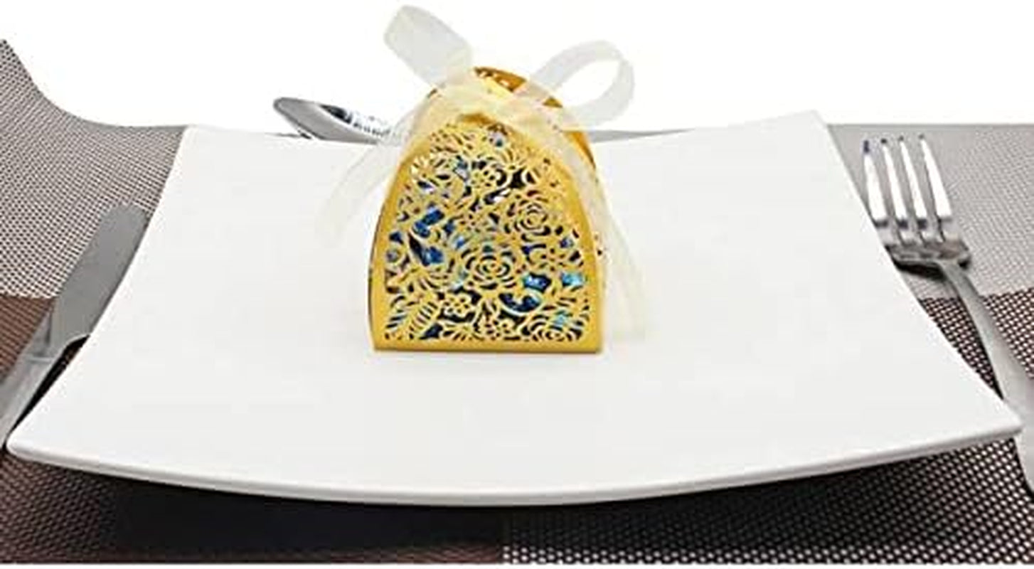 Pack of 100 Laser Cut Rose Candy Boxes, Favor Boxes 2.5"X 2.5"X 3.1", Gift Boxes for Bridal Shower Anniverary Birthday Party Wedding Favor (100,Gold)