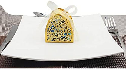 Pack of 100 Laser Cut Rose Candy Boxes, Favor Boxes 2.5"X 2.5"X 3.1", Gift Boxes for Bridal Shower Anniverary Birthday Party Wedding Favor (100,Gold)