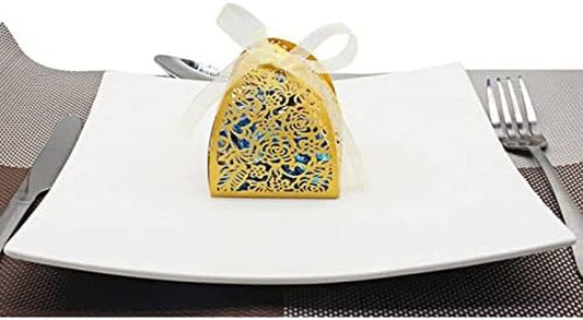 Pack of 100 Laser Cut Rose Candy Boxes, Favor Boxes 2.5"X 2.5"X 3.1", Gift Boxes for Bridal Shower Anniverary Birthday Party Wedding Favor (100,Gold)
