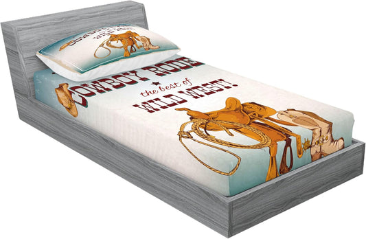 Western Fitted Sheet & Pillow Sham Set, Cowboy Rodeo Championship the Best of Wild West Poster Design Elements, Decorative Printed 2 Piece Bedding Decor Set, Twinxl, Burgundy Orange