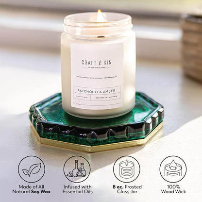 Patchouli & Amber Scented Candles 8 Oz 45 Hour Long Lasting Summer Candles | Wooden Wick Candles | Men Candles for Bedroom, All Natural Soy Candles Scented, Relaxing Aromatherapy Candles
