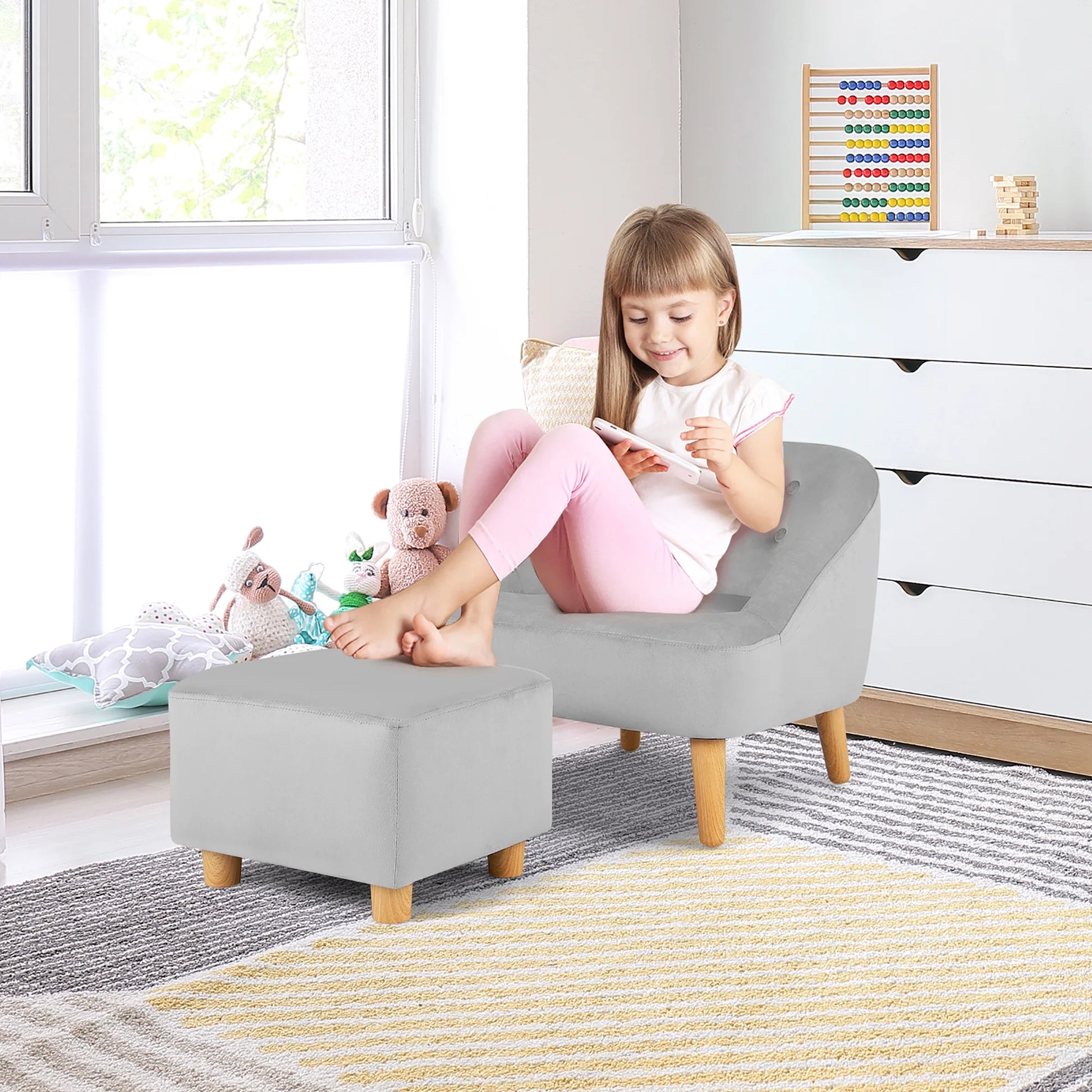 Kids Sofa Chair W/ Ottoman Toddler Single Sofa Velvet Upholstered Couch Grey