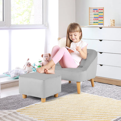 Kids Sofa Chair W/ Ottoman Toddler Single Sofa Velvet Upholstered Couch Grey