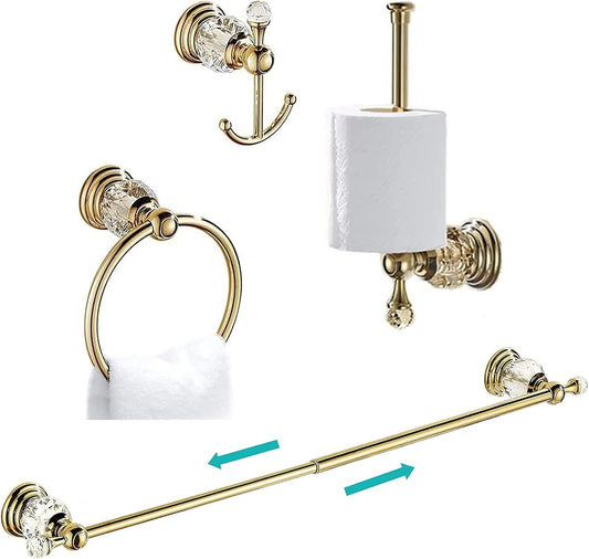 Crystal Bathroom Accessories, Gold Towel Bar Set Toilet Paper Holder Towel Ring Coat Hooks Shinny Bathroom Hardware Wall Mounted 4 Pieces with Crystal Ball Base