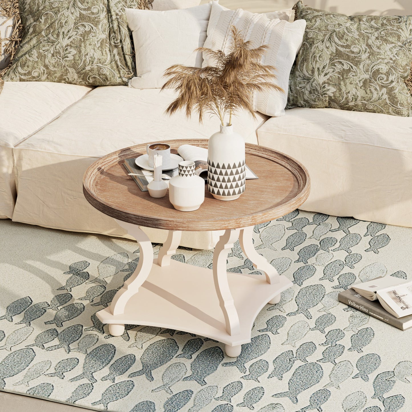 Rustic round Wood Coffee Table with Storage and Tray, White