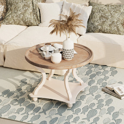 Rustic round Wood Coffee Table with Storage and Tray, White