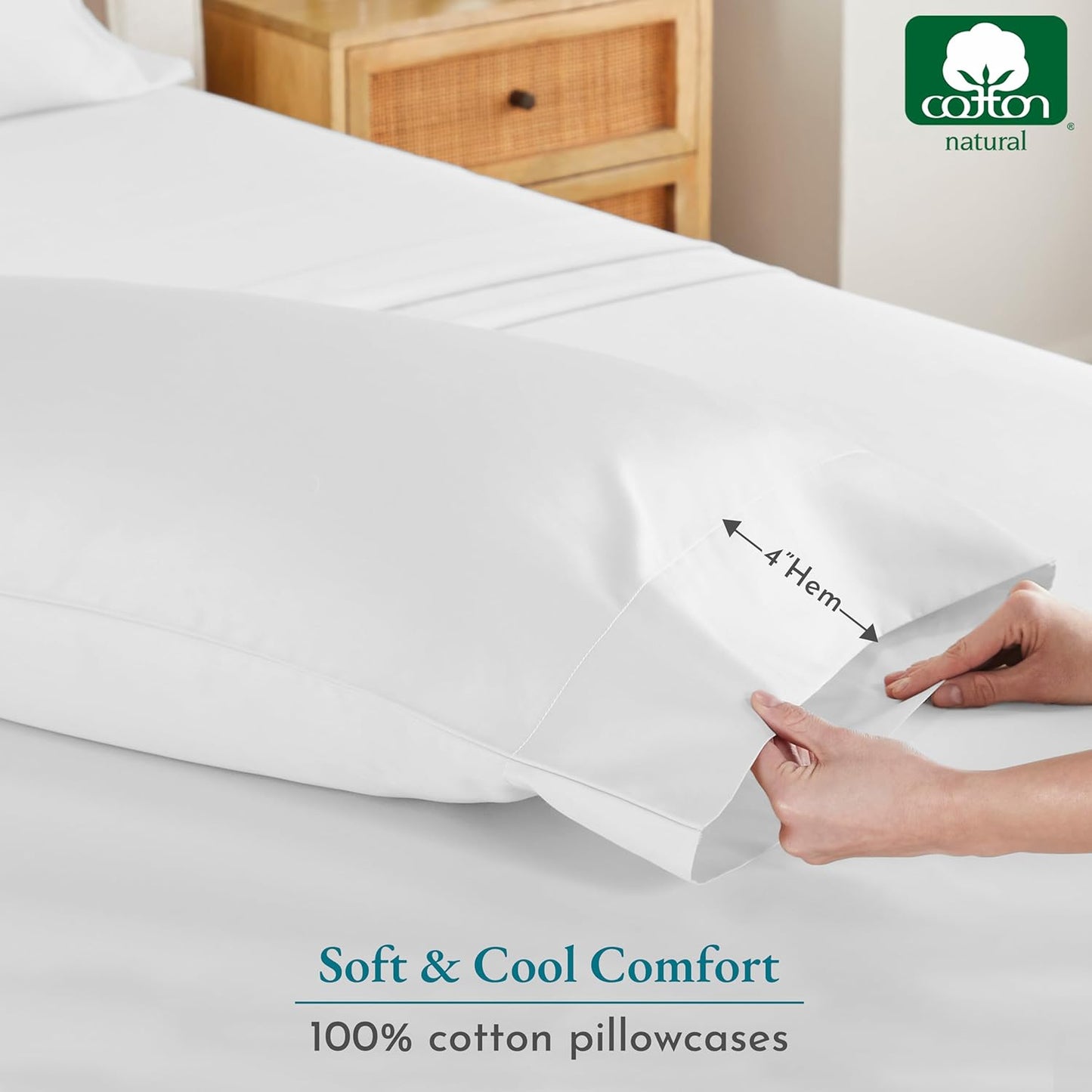 Soft & Silky 500 Thread Count 100% Cotton Is Cool & Smooth, White Pillowcases Queen Size Fits Standard & Queen Pillows (Pure White)