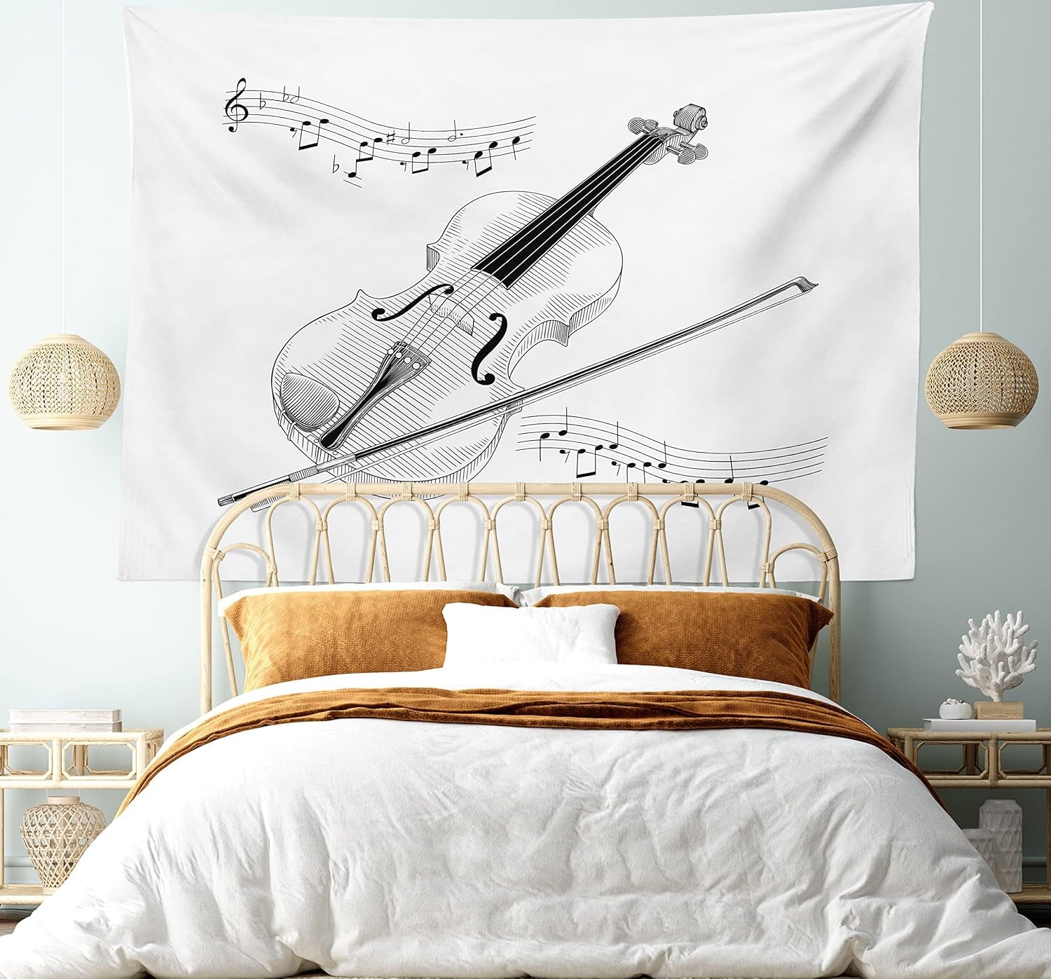 Violin Tapestry, Symphony Classical High Art Music Instrument Performing Cello Orchestra Print, Fabric Wall Hanging Decor for Bedroom Living Room Dorm, 45" X 30", Black and White