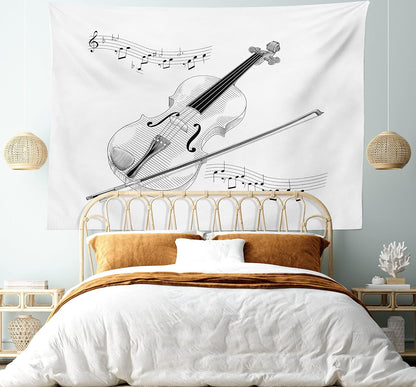 Violin Tapestry, Symphony Classical High Art Music Instrument Performing Cello Orchestra Print, Fabric Wall Hanging Decor for Bedroom Living Room Dorm, 45" X 30", Black and White