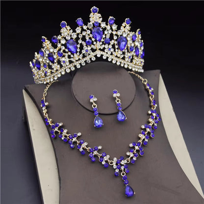 Luxury Crystal Bridal Jewelry Sets for Women Pink Tiaras Necklaces Earrings Set Bride Wedding Dress Birthday Crown Set Accessory