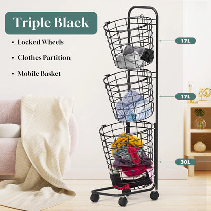 Removable 3 Tier Metal Rolling Laundry Basket Cart,Large Capacity Wire Basket Laundry Hamper with Wheels, Laundry Butler for Bathroom Bedroom Laundry Room, Black