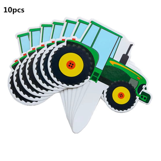 Farm Theme Green Tractor Inflatable Balloons Cake Topper Happy Birthday Party Decoration Kids Birthday Excavator Vehicle Banner