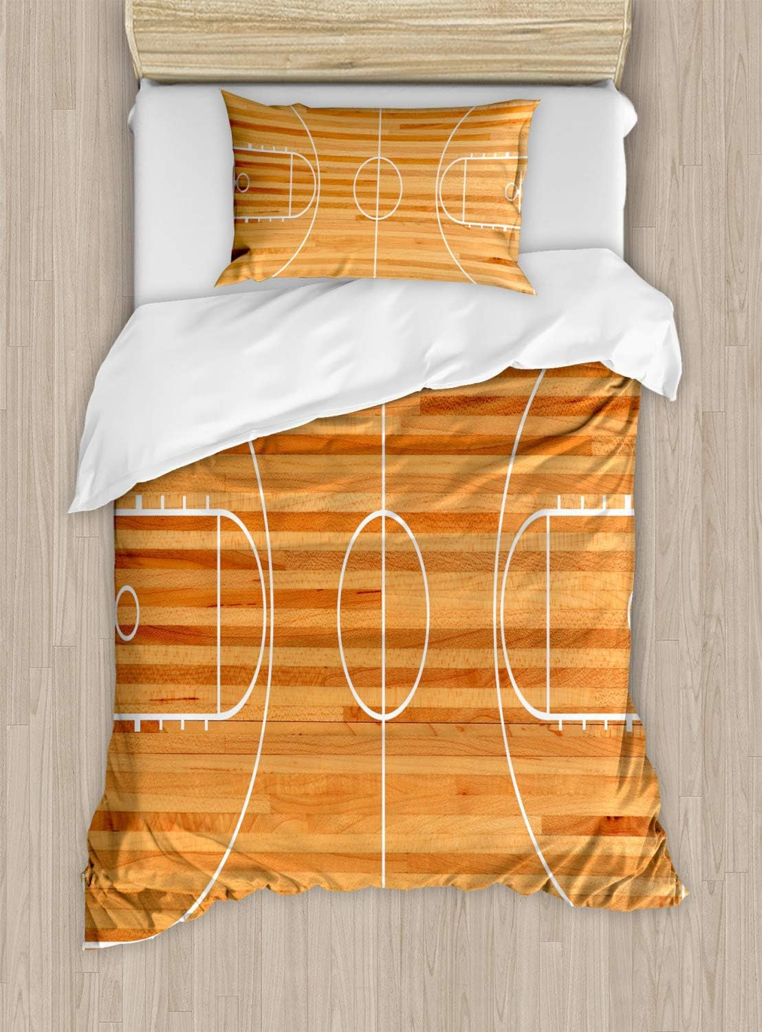 Sports Duvet Cover Set, Standard Floor Plan on Parquet Backdrop Basketball Court Playground Print, Decorative 2 Piece Bedding Set with 1 Pillow Sham, Twin Size, Brown White