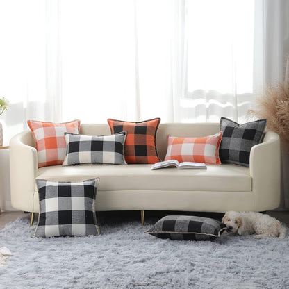 Buffalo Plaid Check Spring Throw Pillow Covers 20X20 Set of 2, Outdoor Decorative Farmhouse Pillow Covers with Stitched Edge for Bed Couch Sofa, Black and White