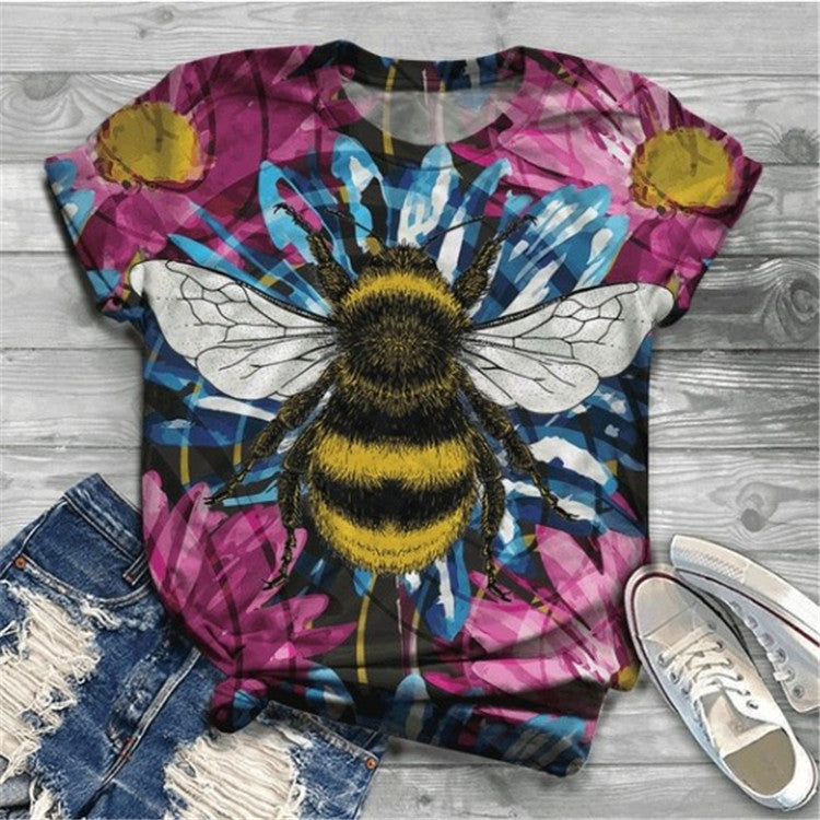 Bee Print Casual Round Neck Loose Short Sleeve Women's T-Shirt