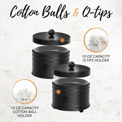 Deluxe Black Apothecary Jars Set, Black Bathroom Jars Qtip Holder Glass - Rustic Farmhouse Vanity Organizer for Bathroom Counter, Cotton Balls, Swabs, 2 Small Glass Jars with Lids