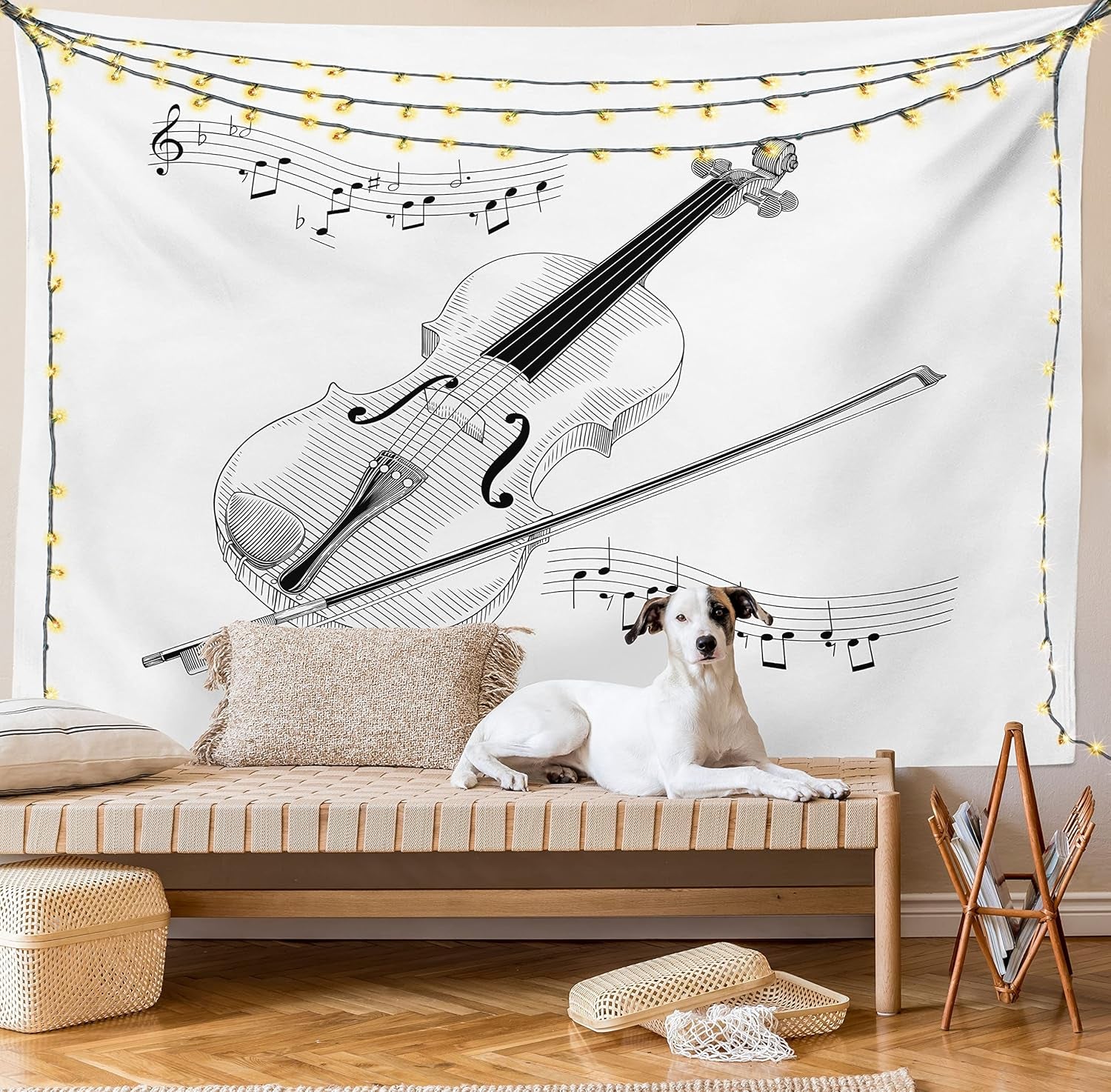 Violin Tapestry, Symphony Classical High Art Music Instrument Performing Cello Orchestra Print, Fabric Wall Hanging Decor for Bedroom Living Room Dorm, 45" X 30", Black and White