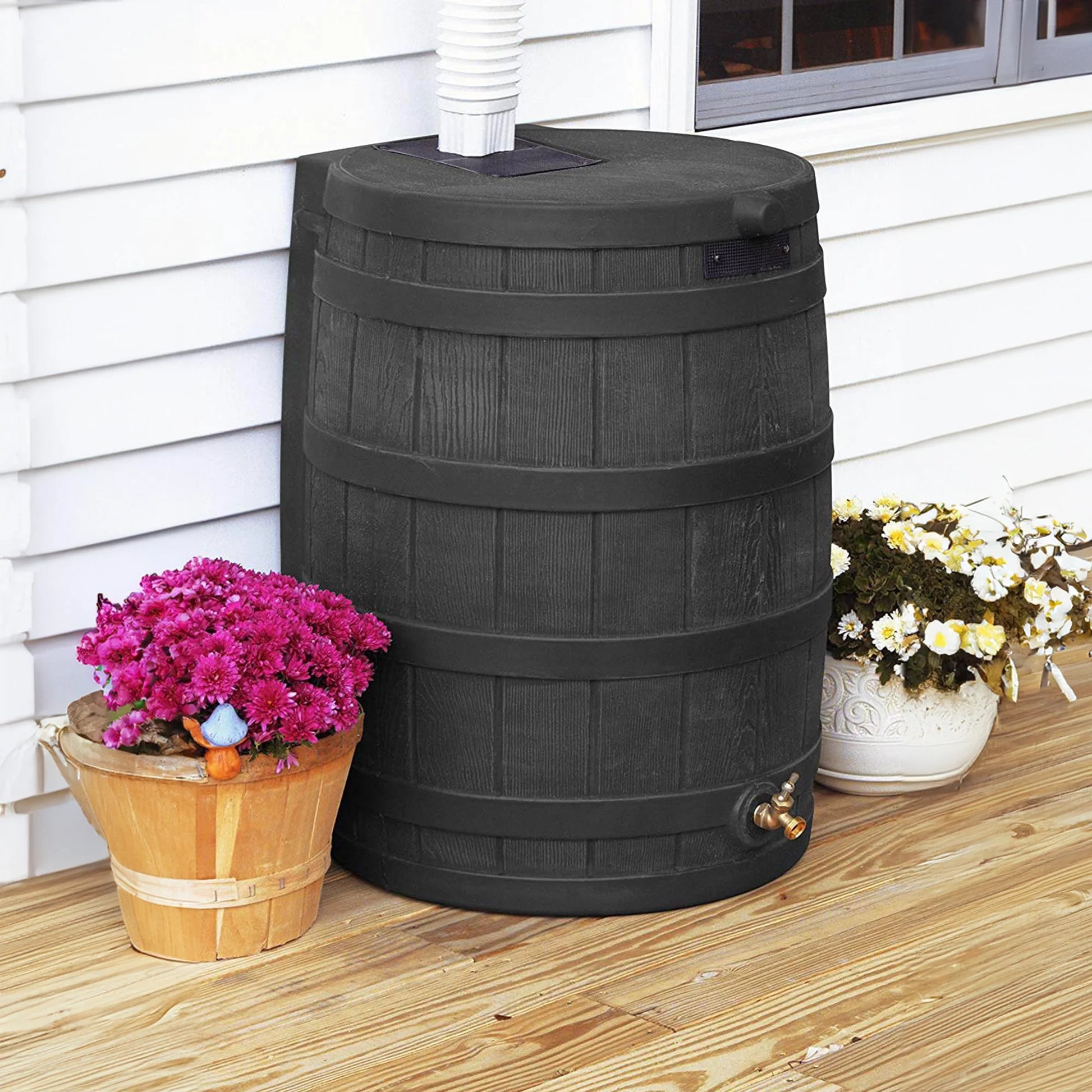 Rain Wizard 50 Gallon Plastic Rain Barrel Water Collector, Black