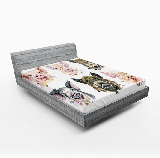 Farm Animal Fitted Sheet, Boar Piglet Graphic of Breeds of Pig in Watercolor Effect, Soft Decorative Fabric Bedding All-Round Elastic Pocket, Queen Size, Peach Sepia