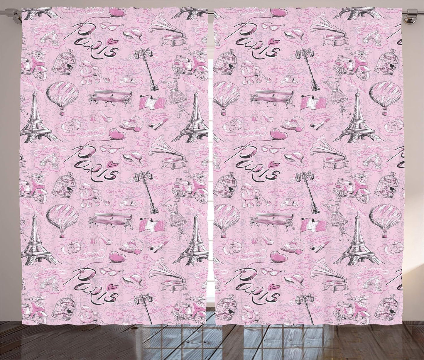 Paris Curtains, France Themed Sketch of Art with a Bike and Dog Shoes with Lantern Hot Air Ballon and Bird Cage Artwork, Living Room Bedroom Window Drapes 2 Panel Set, 108" X 90", Pink Black