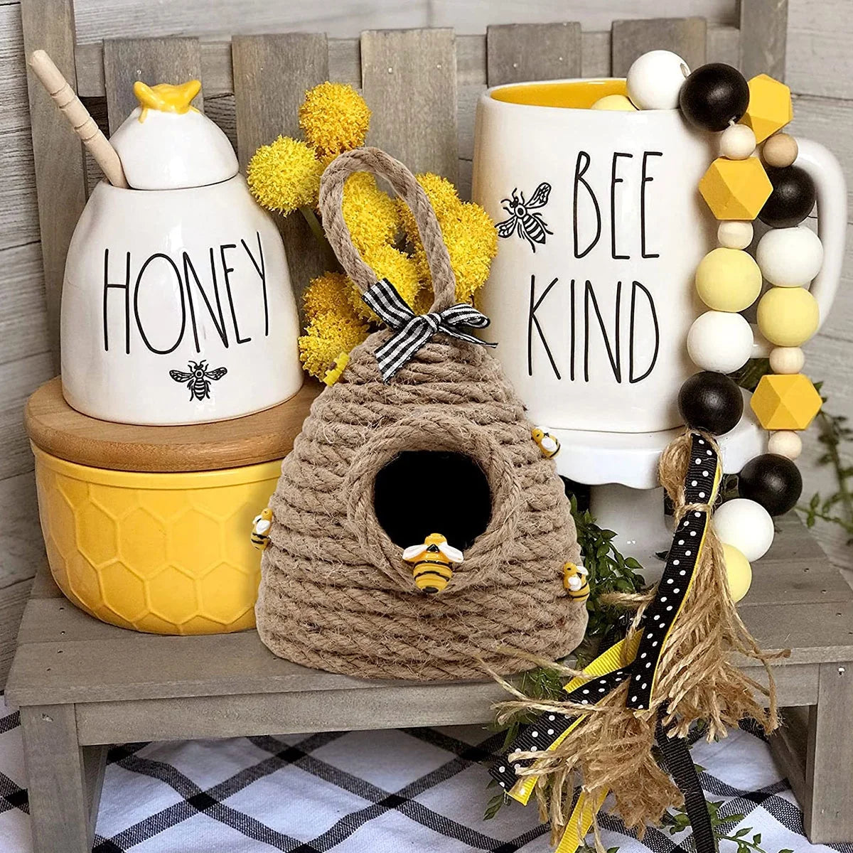 Beehive Decor Jute Hanging Bee Tiered Tray Decor Cute Handmade Honeycomb Decoration Bee Themed Party Ornament for Farmhouse Country Kitchen Bookshelf Garden
