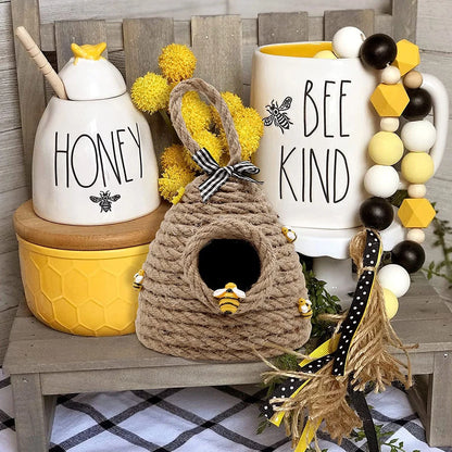 Beehive Decor Jute Hanging Bee Tiered Tray Decor Cute Handmade Honeycomb Decoration Bee Themed Party Ornament for Farmhouse Country Kitchen Bookshelf Garden