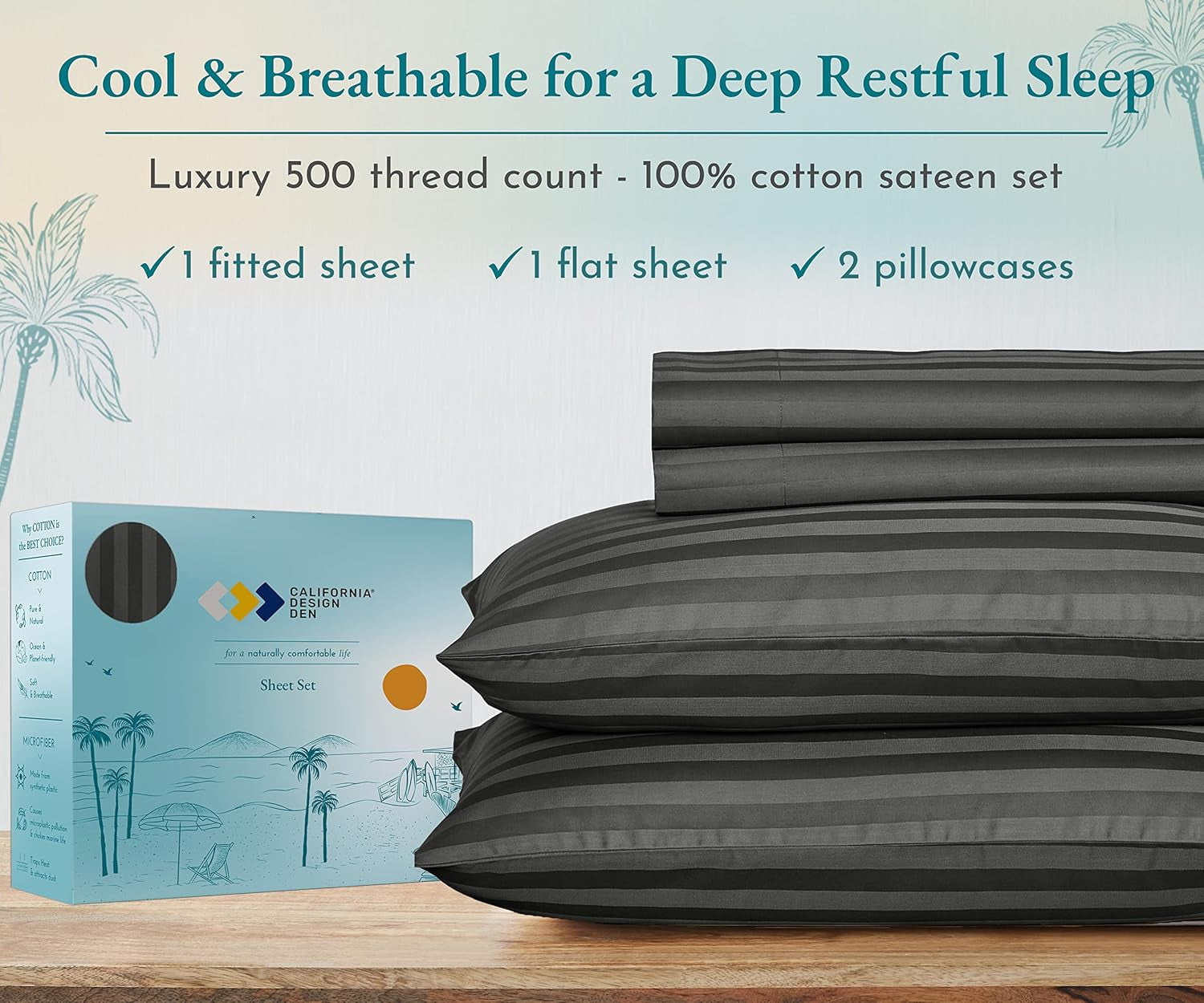 - Cotton Sheets for King Size Bed Soft 100% Cotton Cooling Sheets Deep Pockets Snug Fit Elastic, 500 Thread Count, 4-Pc, Hotel Quality, Damask Stripe Bedsheet Set (Grey)