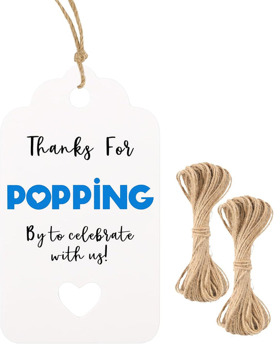 100PCS Thanks for Popping by Tags, Hollow Heart Gift Tags, 2.8''X1.6'' White Paper Gift Tags with String for Wedding, Birthday, Baby Shower Party Favors (Blue)