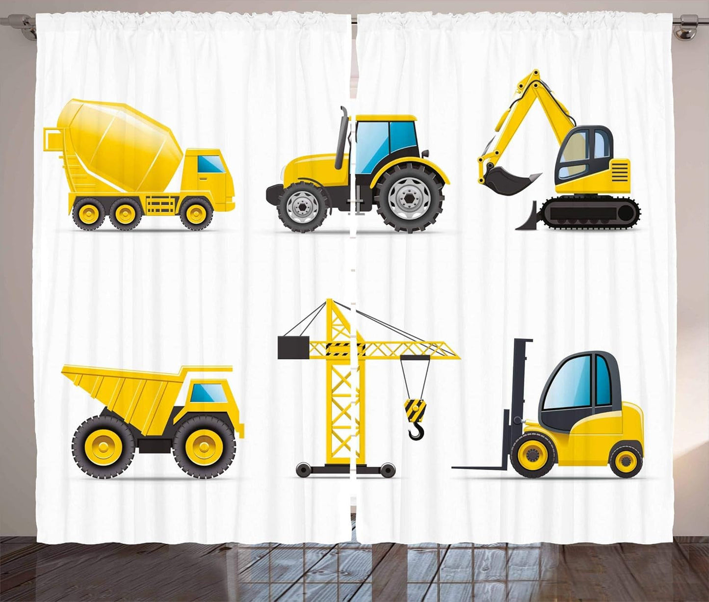 Cartoon Curtains, Style Heavy Machinery Truck Crane Digger Mixer Tractor Construction, Living Room Bedroom Window Drapes 2 Panel Set, 108" X 63", Yellow and Grey