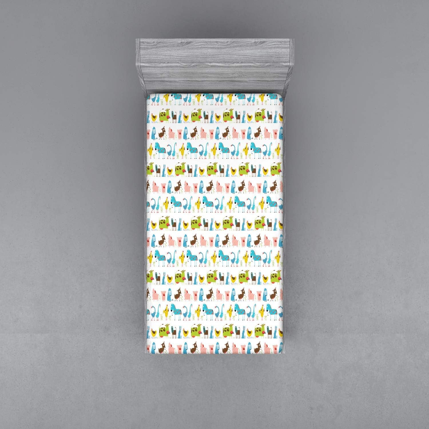 Animal Fitted Sheet, Domestic Farm Animals Horse Pig Cow Sheep and Hen Agriculture Cartoon Doodle Design, Soft Decorative Fabric Bedding All-Round Elastic Pocket, Twin Size, Blue Green