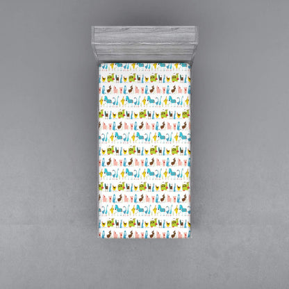 Animal Fitted Sheet, Domestic Farm Animals Horse Pig Cow Sheep and Hen Agriculture Cartoon Doodle Design, Soft Decorative Fabric Bedding All-Round Elastic Pocket, Twin Size, Blue Green