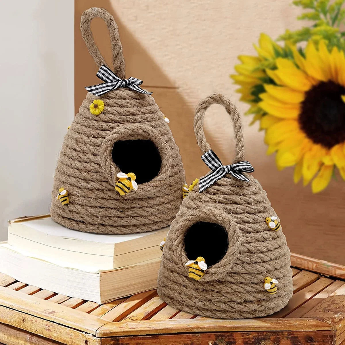Beehive Decor Jute Hanging Bee Tiered Tray Decor Cute Handmade Honeycomb Decoration Bee Themed Party Ornament for Farmhouse Country Kitchen Bookshelf Garden