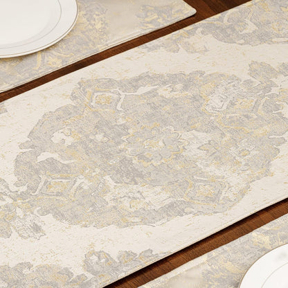 Luxury Table Runner 90 Inches Long, Elegant Damask Jacquard Table Runners with Handmade Multi-Tassels for Dining Room Dresser Party Holiday Banquet Decoration(Beige, 13X90 Inch)