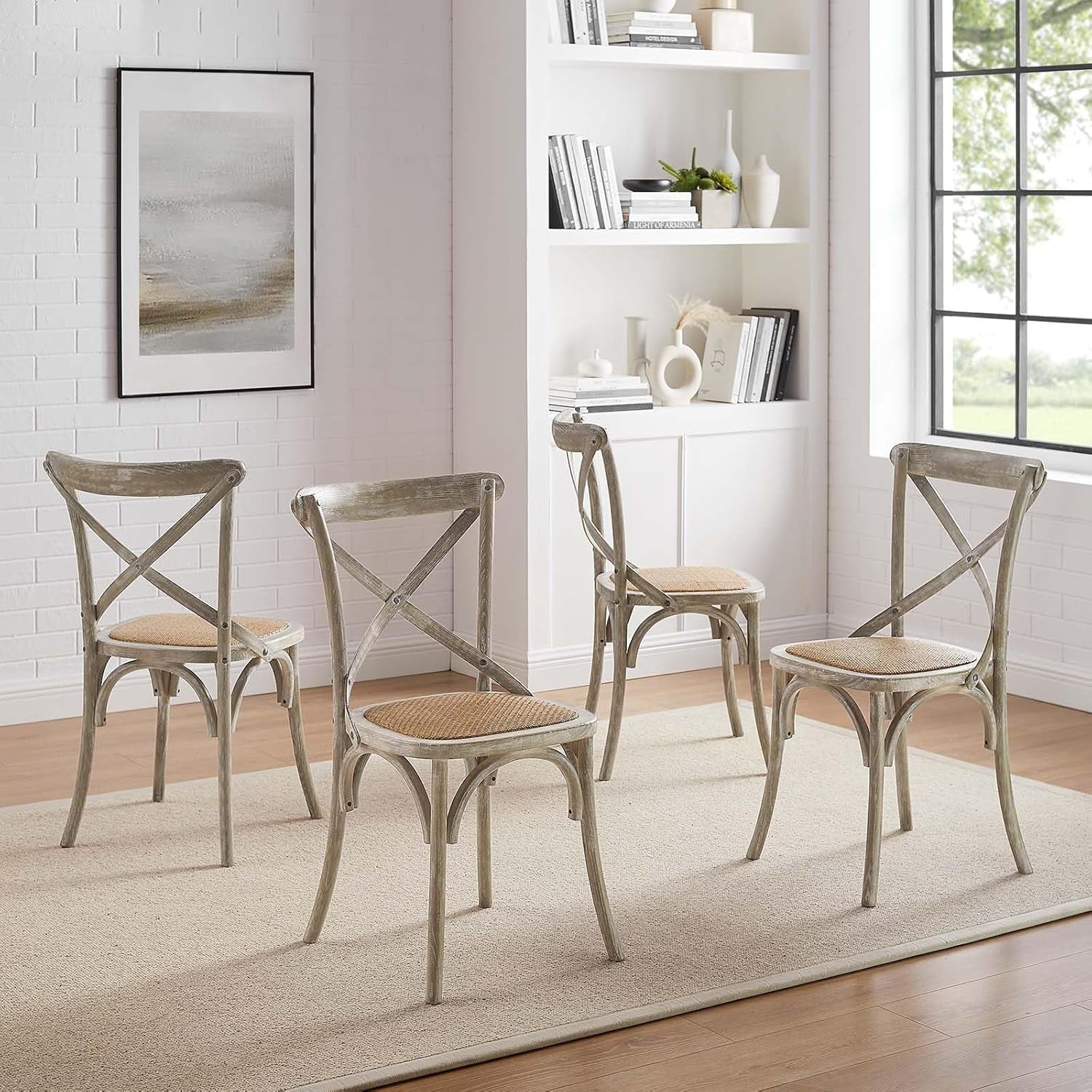 Gear Rustic Modern Farmhouse Elm Wood Rattan Four Dining Chairs in Gray