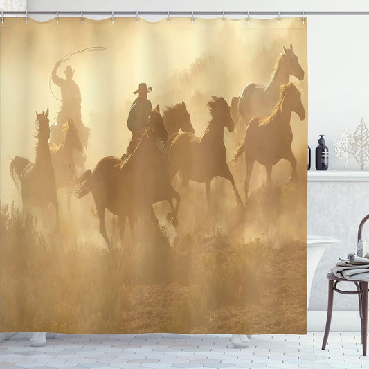 Western Shower Curtain, Galloping Running Horses in Desert 2 Cowboys Roping Dusty Wild Rural Countryside, Cloth Fabric Bathroom Decor Set with Hooks, 69" W X 75" L, Pale Brown