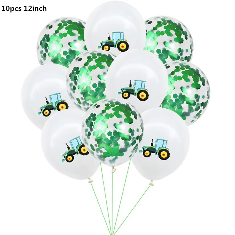 Farm Theme Green Tractor Inflatable Balloons Cake Topper Happy Birthday Party Decoration Kids Birthday Excavator Vehicle Banner