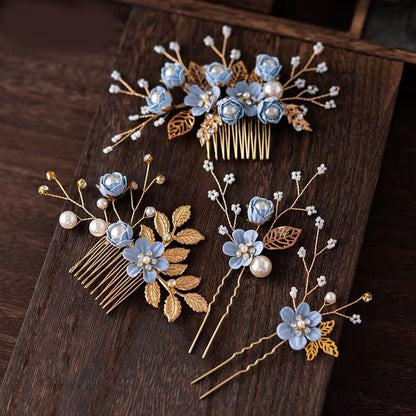 4Pcs Blue Wedding Hair Piece Blue Hair Accessories Hairpins Set， Decorative Pearl Comb, Flower Bridal Hair Set, Hair Accessories for Brides Girls Hair Combs Hair Jewelry