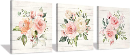 Floral Canvas Wall Art Print: Flower Bloom Picture Graphic Artwork Painting for Washrooms (12"X12"X3Pcs)