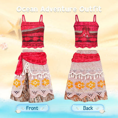 Princess Moana Costume for Girls Adventure Outfit Two-Pieces Crop Top Skirt Set Birthday Party Clothes