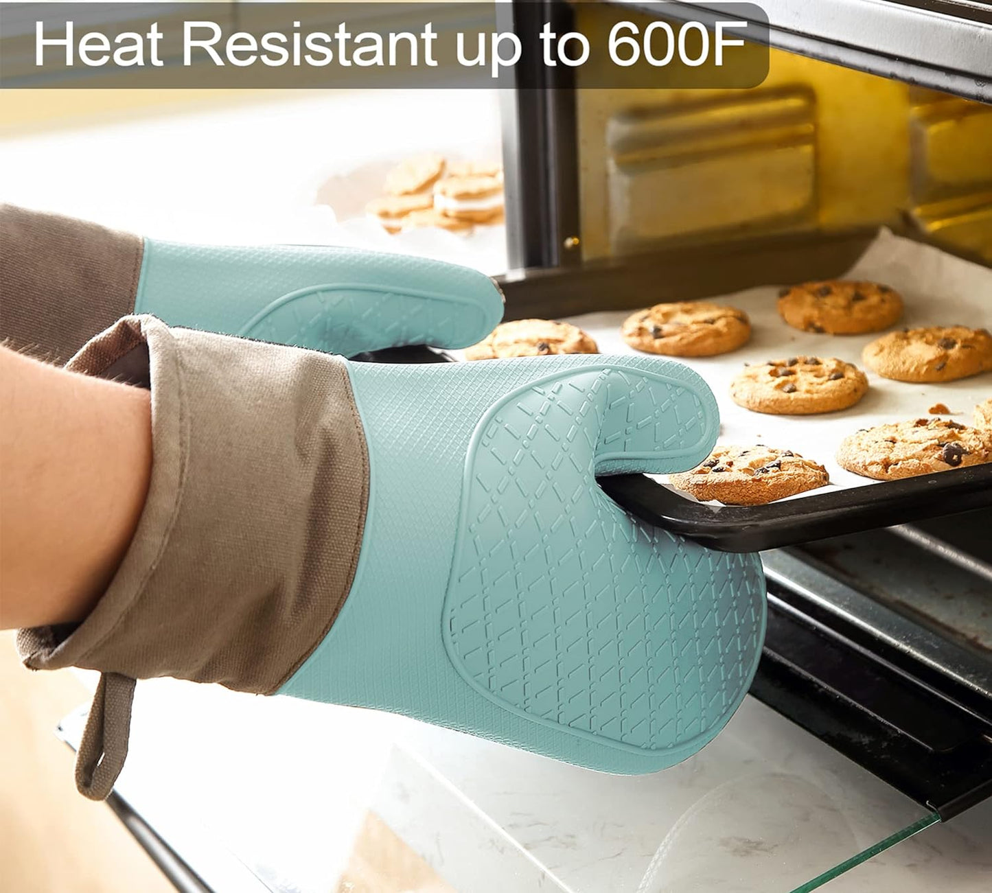 Oven Mitts and Pot Holders Sets, Silicone Heat Resistant 600F, Soft Lining Good Grip, Oven Gloves and Trivet Mats 4 Piece Set, Aqua Sky